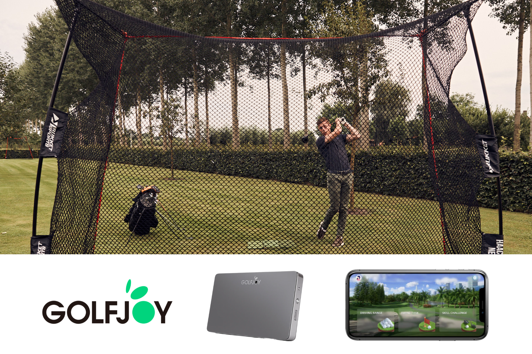 Komplettes Set: Golfjoy Waver Launchmonitor + Golfnetz Rukket Haack Pro + Tri-Turf